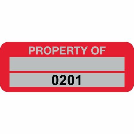 LUSTRE-CAL Property ID Label PROPERTY OF5 Alum Red 2in x 0.75in 1 Blank Pad&Serialized 0201-0300, 100PK 253740Ma2Rd0201